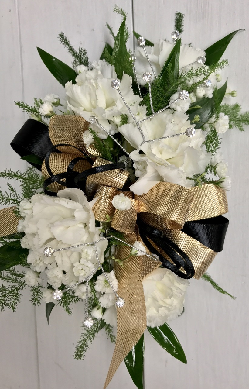 5 bloom mini carnation wrist corsage with shiny gold and black satin