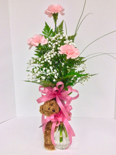 3 Carnation Bud Vase With Teddy Bear