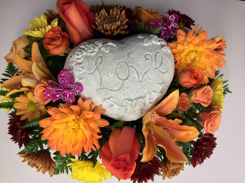 Heart Stone with Fresh Flowers