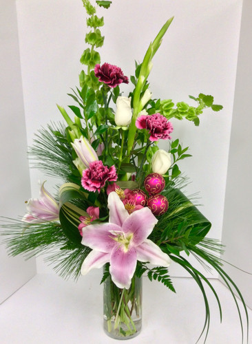 Stylish Vase in Pinks And Whites with Fresh Pine
