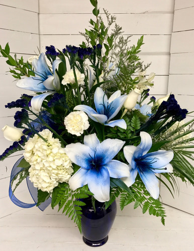 Amazing Blue Lily, Rose, and Hydrangea Vase