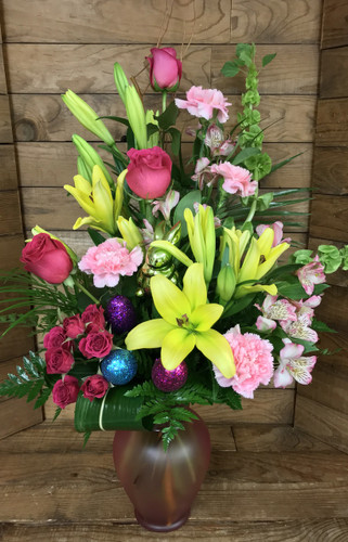 Gorgeous Spring Mix Easter Flemish Vase with Glittery Eggs and Bunny