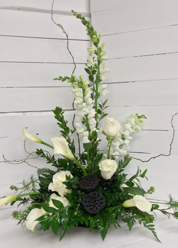 Iris, Roses, and Bells of Ireland Contemporary Piece - Centerville Florists