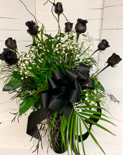 Dozen Long-stemmed Black Roses in Black Vase