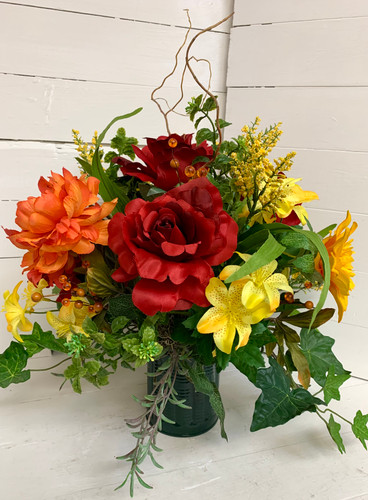 Cemetery Vase in Reds, Oranges, and Yellows
