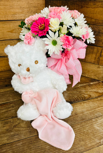 Baby Girl Bear with Blanket and Fresh Vase in Pinks