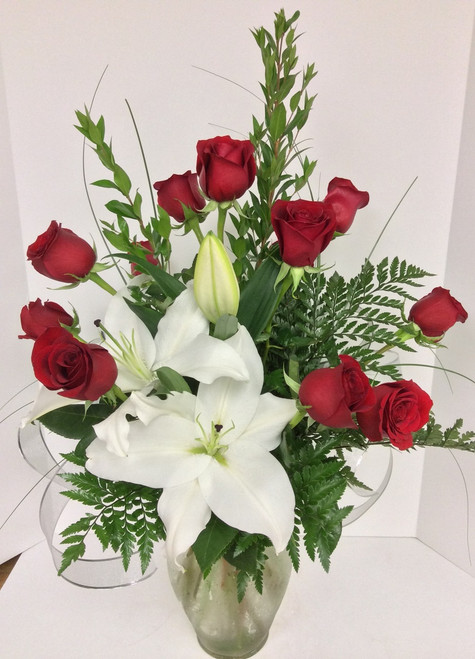 Red Rose and White Stargazer Vase