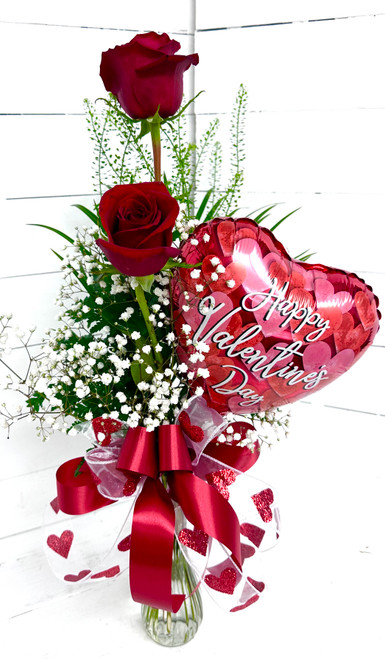 Two Red Rose Vase With Heart Balloon