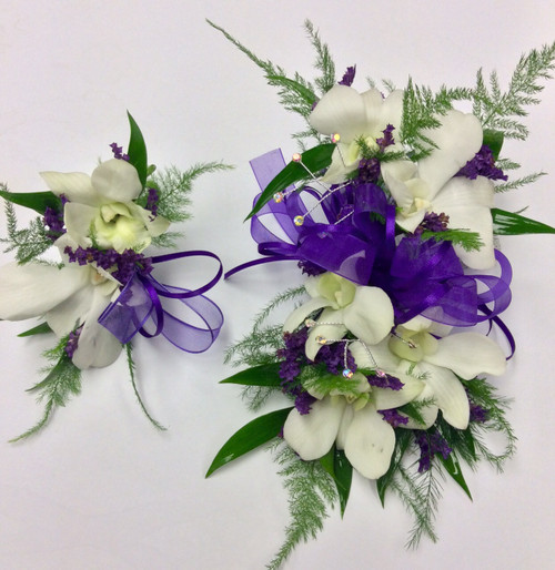 White Orchid And Limonium Wristlet And Boutonnière Combo