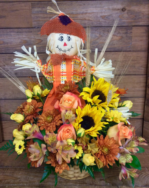 Smiling Scarecrow Fall Basket Arrangement