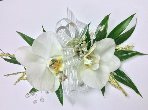 Double White Phaleonopsis Orchid Corsage with Ruscus and Filler