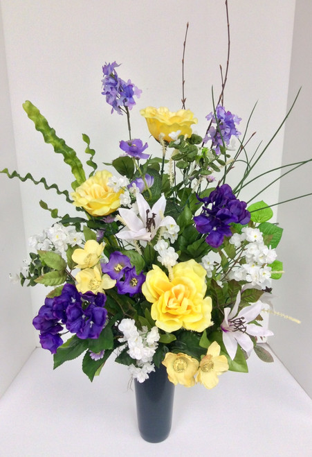 Silk Memorial Vase in Yellows, Purples, and Whites