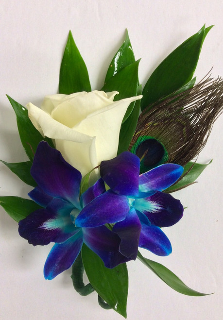 Bomb Blue Orchid and White Rose Boutonniere with Peacock Feather