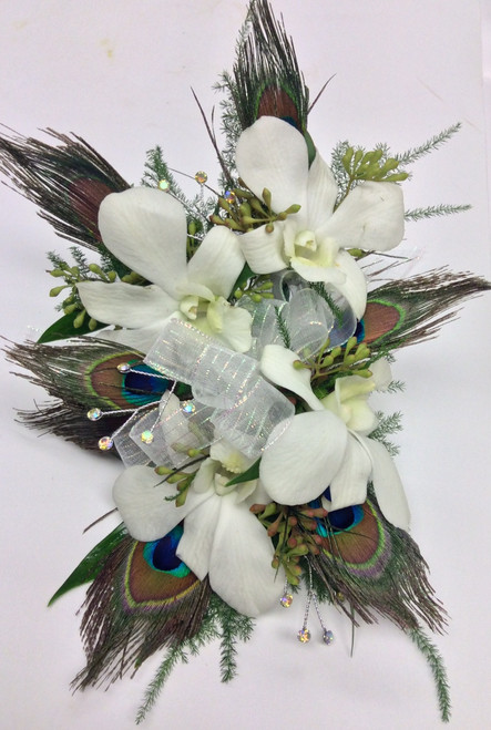 Great Gatsby Orchid and Peacock feather wrist corsage with gems