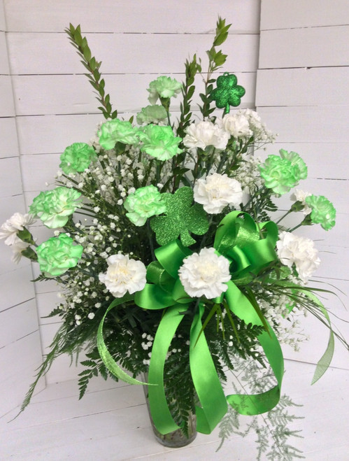 3 Dozen Green and White Carnations Arranged with St. Patty's Day Trim
