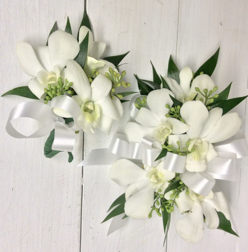 White Orchids and White Satin Wrist Corsage and Boutonnière Combo