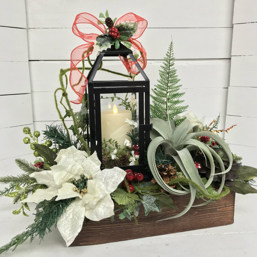 Silk Succulent and Poinsettia Lantern Box with Mirage Flickering Flameless Candle