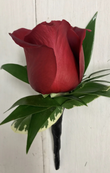 Red Rose Boutonnière with Black Satin Wrap