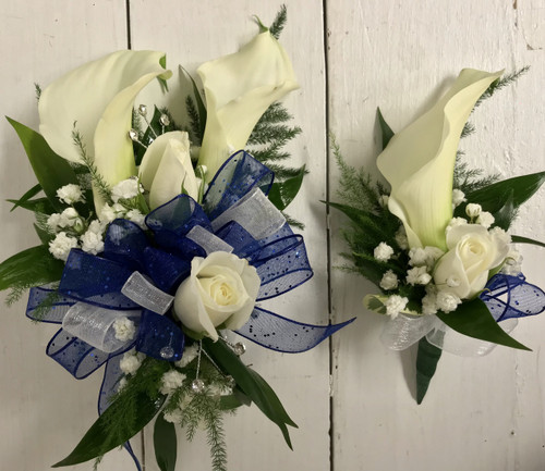 Mini Calla and Sweetheart Corsage and Boutonnière Combo