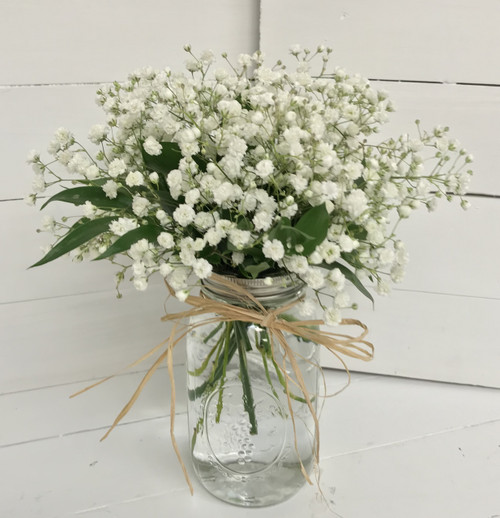 Mason Jar Centerpiece with Babies Breath, Ruscus, and Raffia