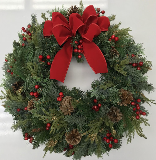 24” Gorgeous Mixed Evergreen Silk Wreath with Berries