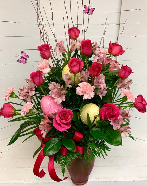 Giant Easter Eggs, Butterflies and Roses Fresh Vase Arrangement