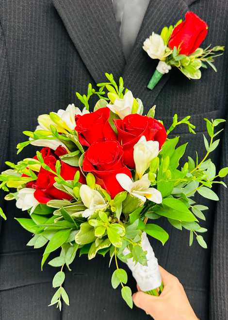 Radiant Red Homecoming - Prom Bouquet and Boutonnière Combo