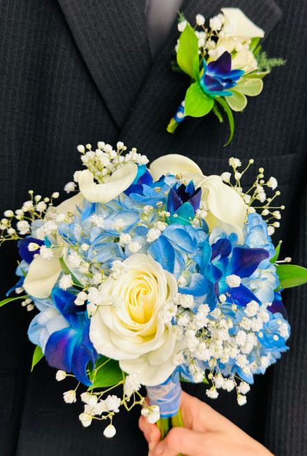 Blue Bombshell Bridal Bouquet and Boutonnière Combo