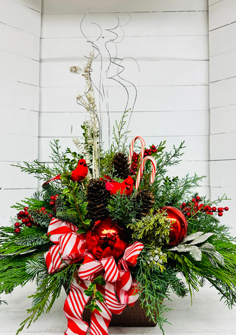 34” Candy Canes and Cardinals Festive Porch Pot