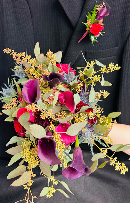 Cascading Prom Bouquet and Boutonnière Combo in Deep Colors