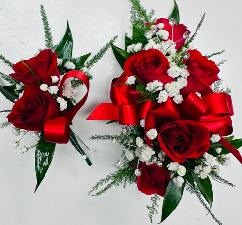 Red Hot Sweetheart Rose Corsage and Boutonnière Combo