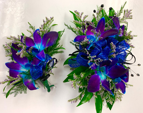Bomb Blue Orchid Wrist Corsage & Boutonnière  Combo