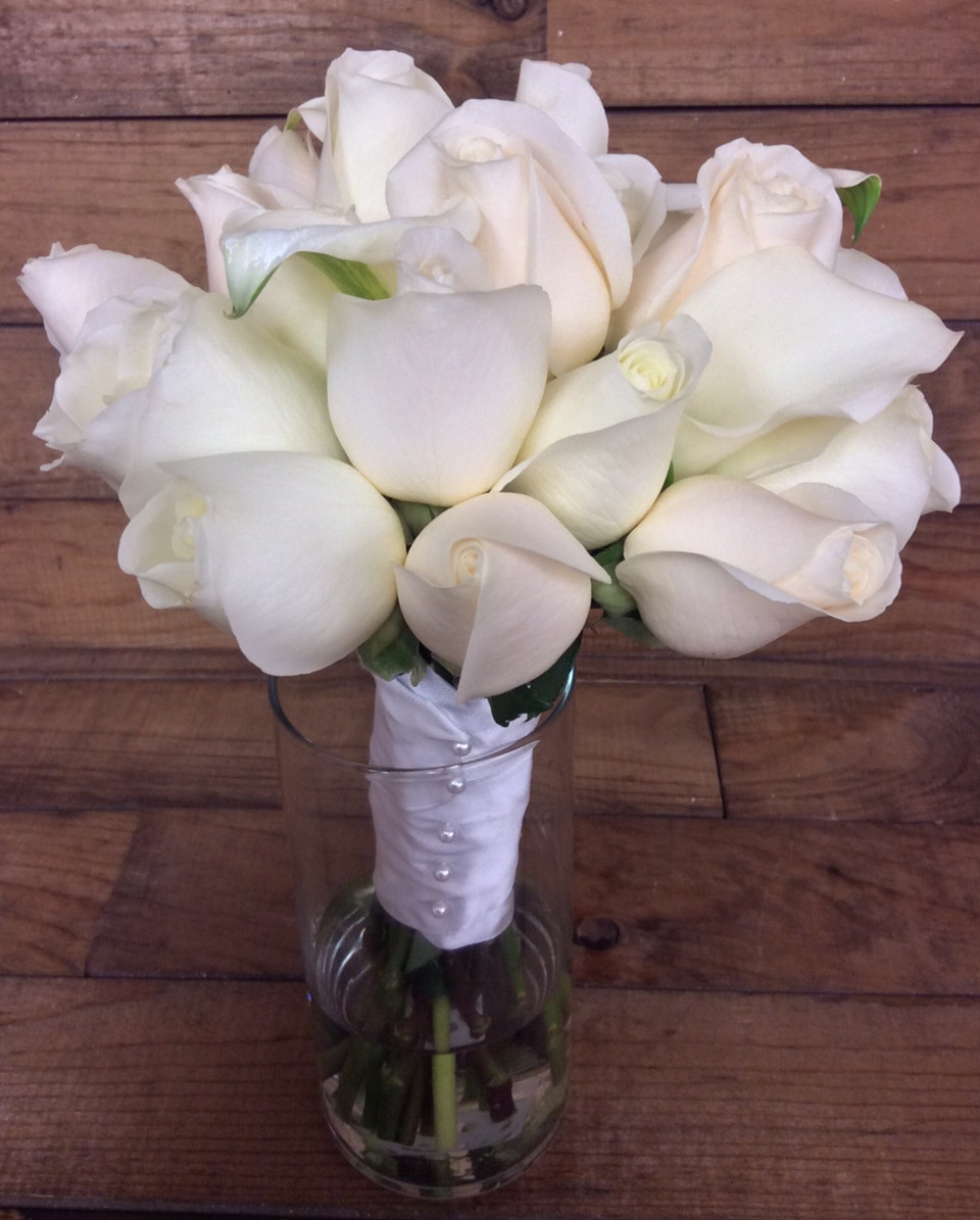 Handtied Bridal Bouquet with Standard and Spray Roses in Whites and