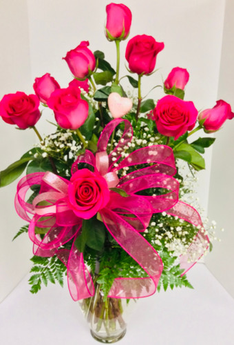 Premium 12 Long Stemmed Ecuadorian Hot Pink Roses Arranged ...