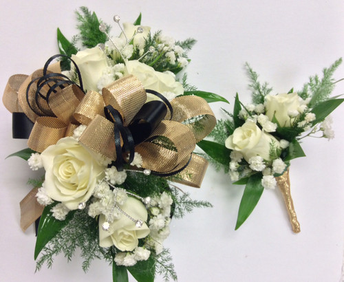 Gold Mesh and Black Satin Wrist Corsage and Boutonniere Combo - Centerville  Florists