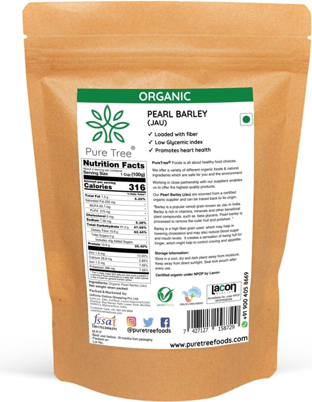 Pure Tree Organic Barley Cereal Grain - 400g | Whole Raw Jau | Low GI