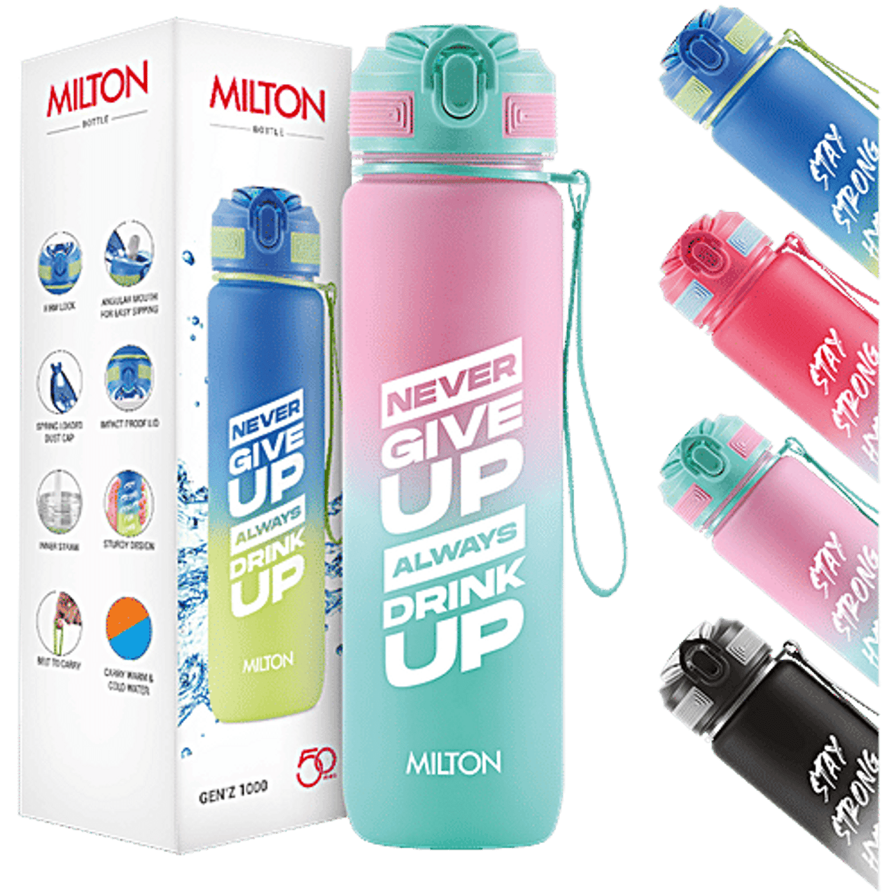 Gen'Z 1000 Water Bottle - Pink, Never Give Up Always Drink