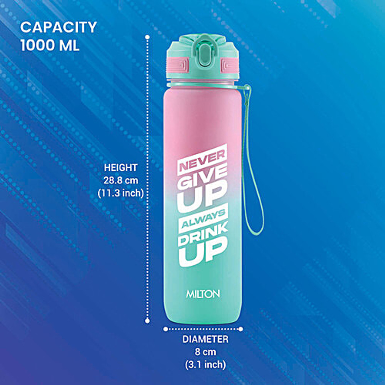 Gen'Z 1000 Water Bottle - Pink, Never Give Up Always Drink