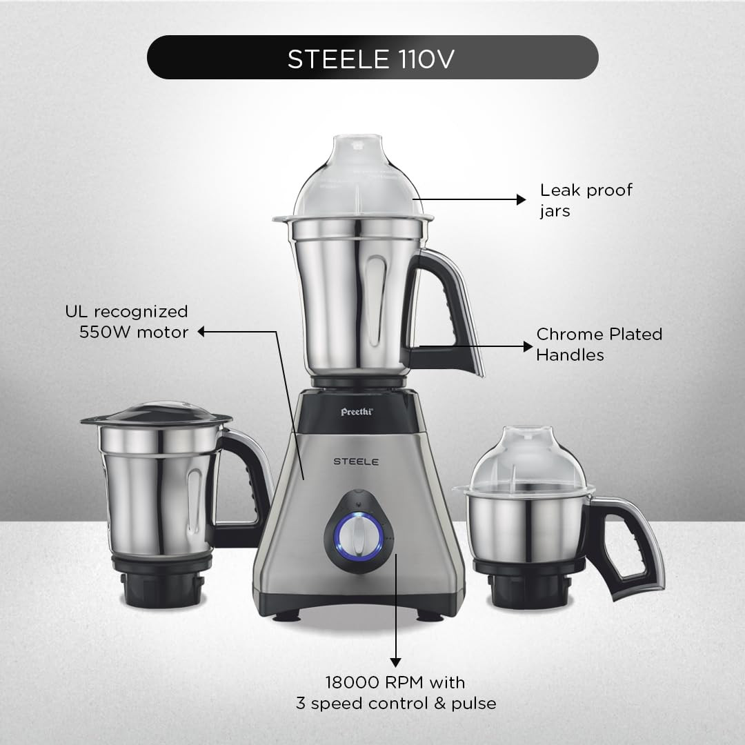 Preethi Steele 110V Mixer Grinder 550W Efficient Kitchen