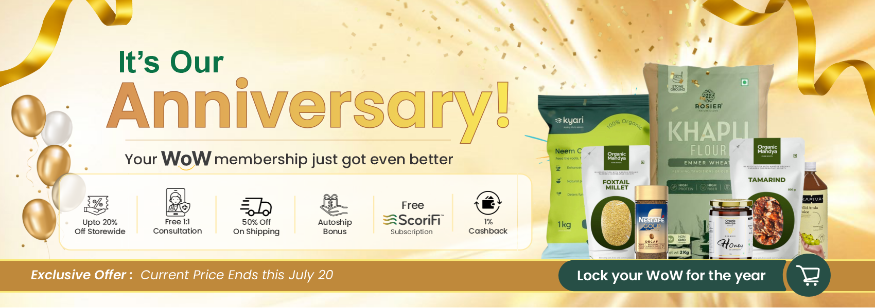Celebrate H2O Hub's WoW Membership Anniversary with exclusive offers on organic and natural foods, including up to 20% off, free consultation, shipping discounts, cashback, and membership price lock.