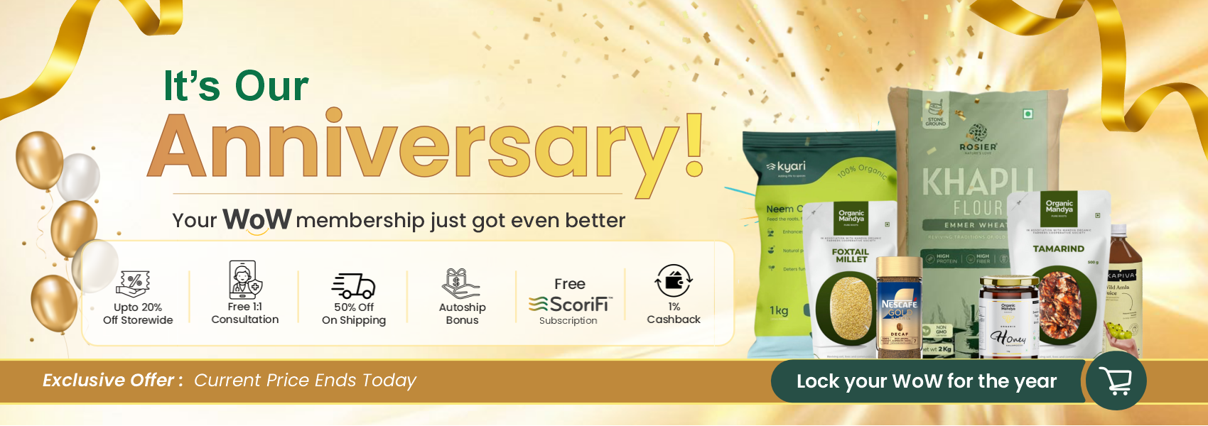 Celebrate H2O Hub's WoW Membership Anniversary with exclusive offers on organic and natural foods, including up to 20% off, free consultation, shipping discounts, cashback, and membership price lock.
