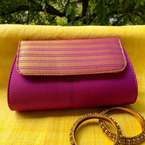 Clutch Purse- Solid Purple with Golden Jari | By Upcyclie | 4.18 Oz | 0.26 lbs