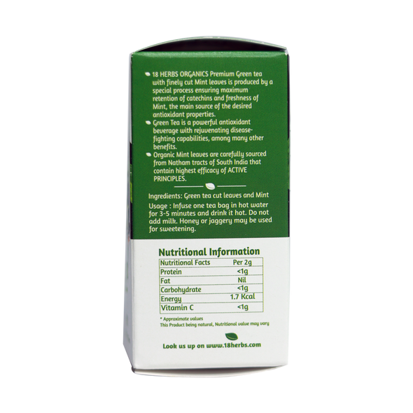 Green Tea with Mint 15 Tea Bags | By 18 Herbs Organics | 0.66 Oz | 0.04 lbs