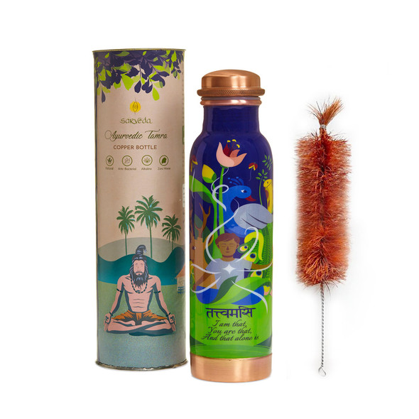 Traditionally Handcrafted and Aesthetically Designed Ayurvedic Copper Bottle with Brush | By Sarveda | 4.23 Oz