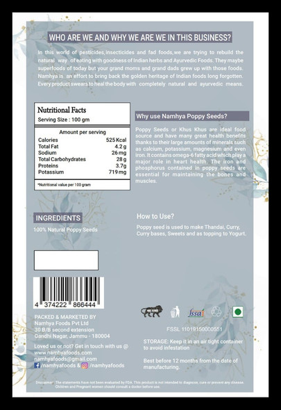 Poppy seeds for healthy bones | By Namhya | 3.53 Oz | 0.22 lbs