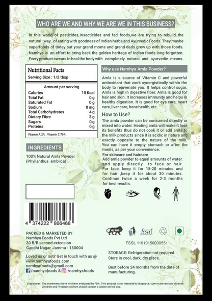 Amla powder for hair and skin | By Namhya | 3.53 Oz | 0.22 lbs