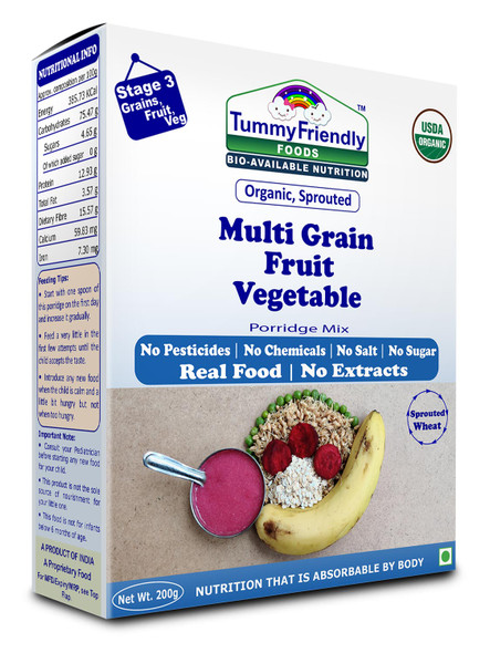 Sprouted Multi Grain Fruit Vegetable (Sprouted Wheat, Oats, Banana, Beetroot, Green Peas) Porridge Mix  |  BY  Tummy Friendly Foods|7.05oz|0.44  lbs