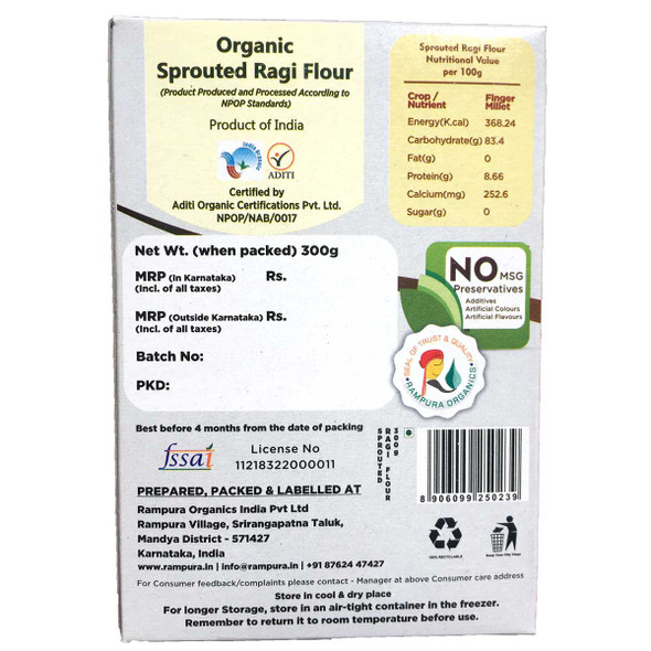 Ragi - Sprouted Flour - 300 g   |  By  Rampura Organics | 10.58  oz   | 0.66 lbs