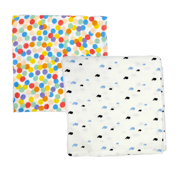 Organic Cotton Muslin Swaddle Blanket Large Size - (0-12 Month) 110 cm X 110 cm - Set of 2 - Colorful Polka and Whale  |  By Kindermum  |  15.87 oz    |  0.99 lbs