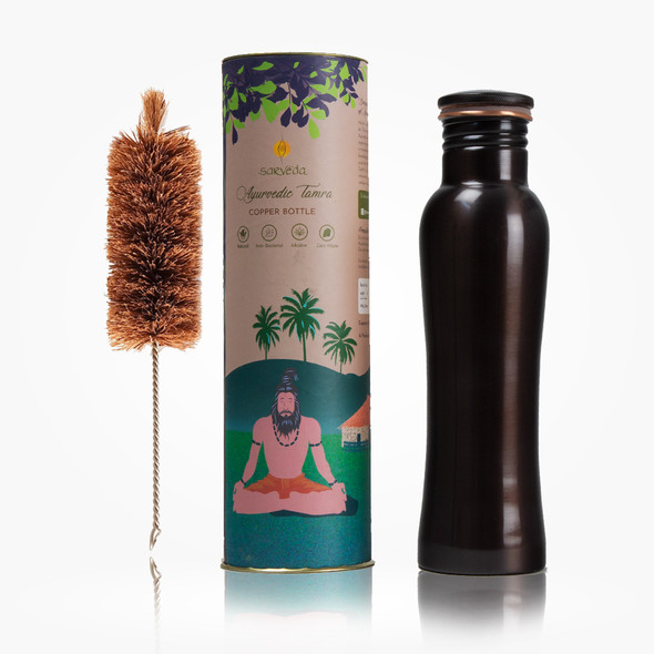 Traditionally Handcrafted Ayurvedic Copper Bottle with Yogic Artwork - Vintage Curved with Cleaning Brush | By  Sarveda  |  10.58oz  |  0.66lbs